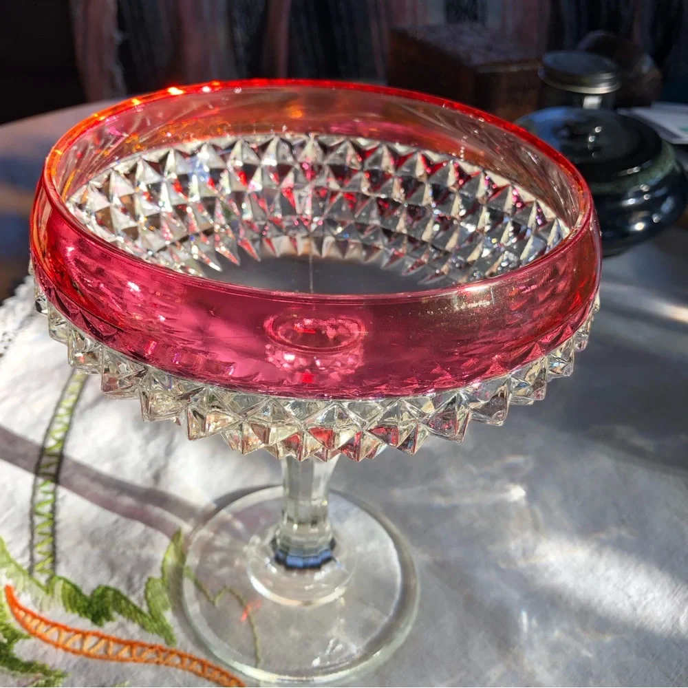 Vintage Indiana Glass Diamond Cut Pedestal Compote Dish. Ruby Flashing. 7.5